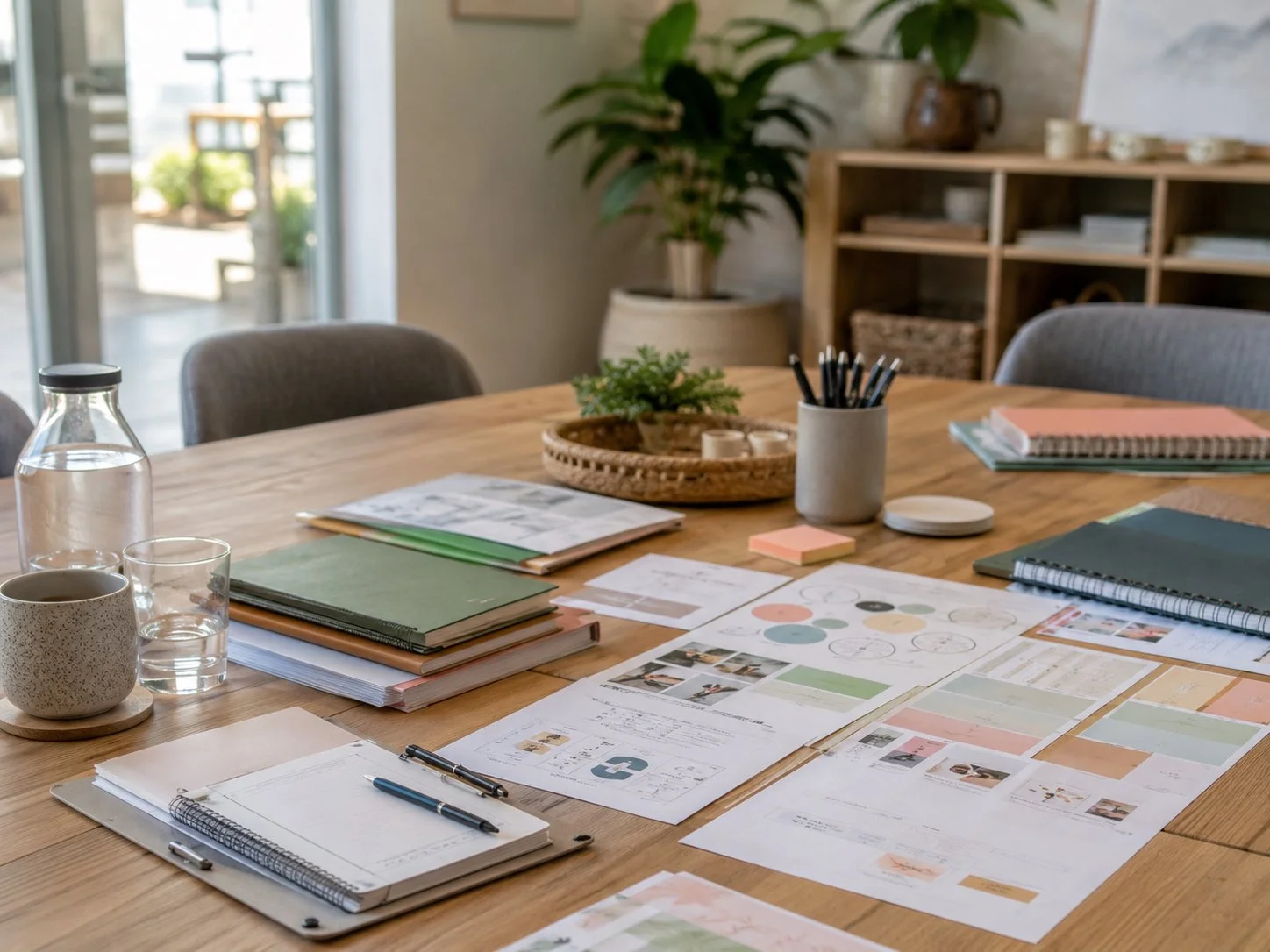 A wooden conference table with various papers, notebooks, pens, a cup of coffee, a glass of water, a water bottle, and decorative items, surrounded by gray chairs, in a bright meeting room with a large window and shelves with plants and books in the background.
