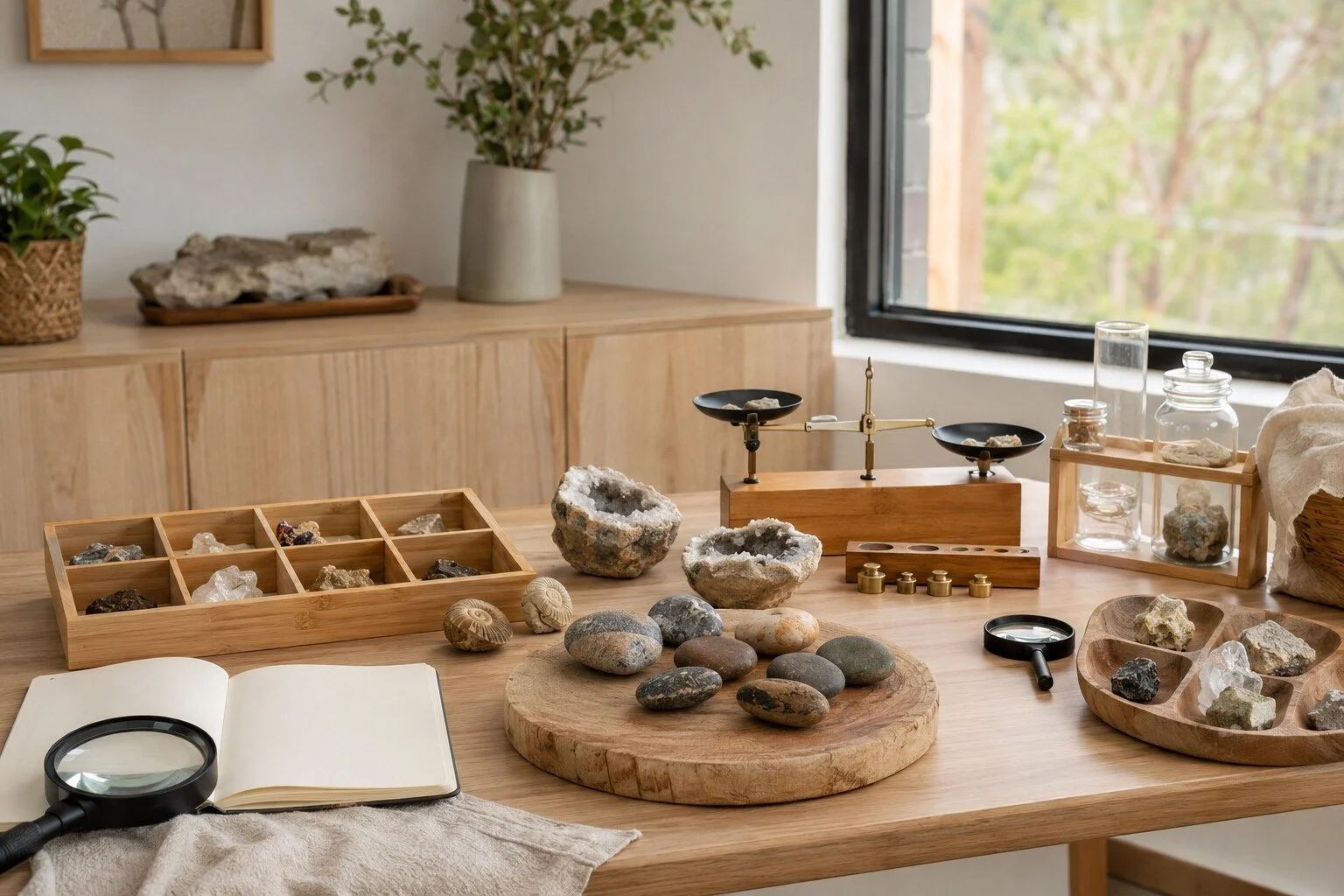 A wooden table displaying various rocks, minerals, and gemstones in trays, on a round wooden board, and in jars, along with a magnifying glass, a notebook, and a balance scale, all near a window with greenery outside.