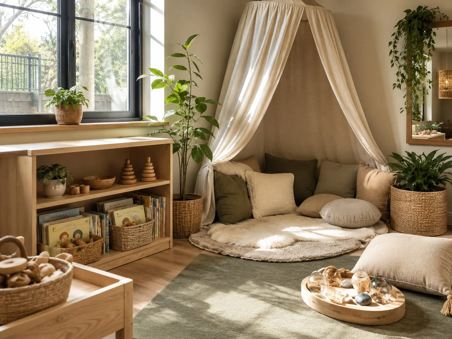 Cozy children's reading nook with pillows, a canopy, potted plants, a bookshelf, and natural light from a window.