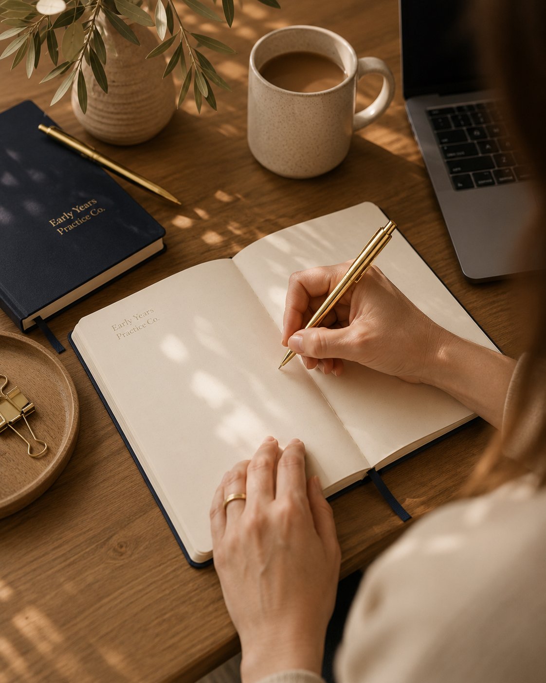 A person writes in a notebook with a gold pen on a wooden desk, surrounded by a coffee mug, potted plant, closed notebook, laptop, and paper clips.