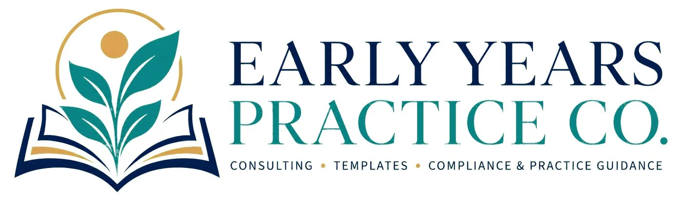 Logo for Early Years Practice Co., featuring an open book with a plant growing from its center, a sun above, and text indicating consulting, templates, and compliance guidance.
