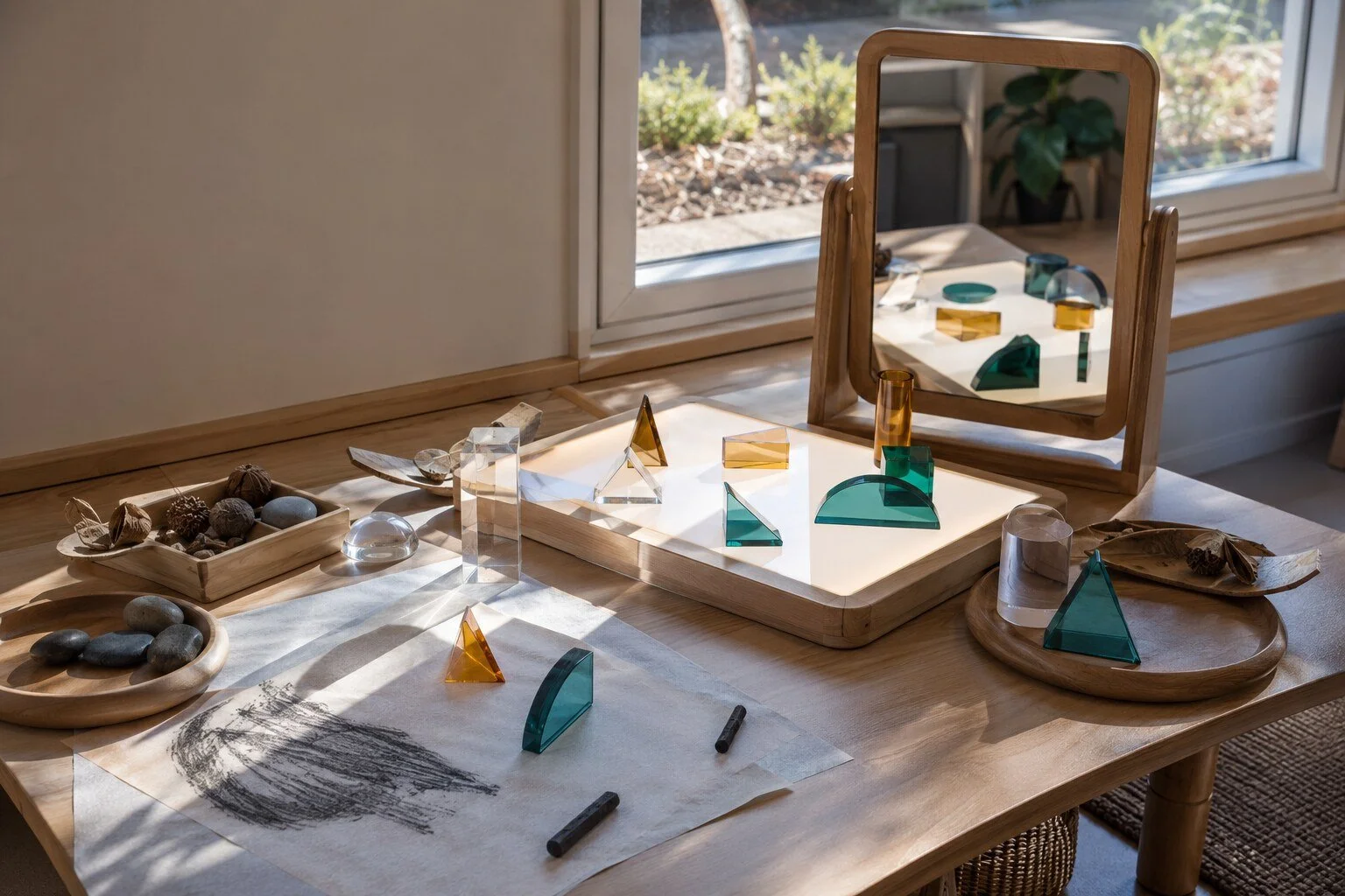 A wooden table with a mirror, glass sculptures, pebbles, and drawings near a window with sunlight