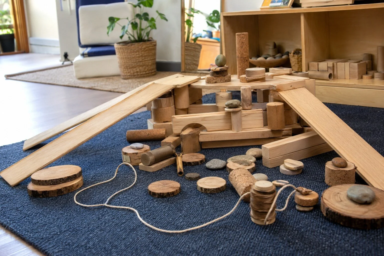 A wooden marble run with ramps, blocks, and stones on a dark carpet in a living room with potted plants and furniture in the background.