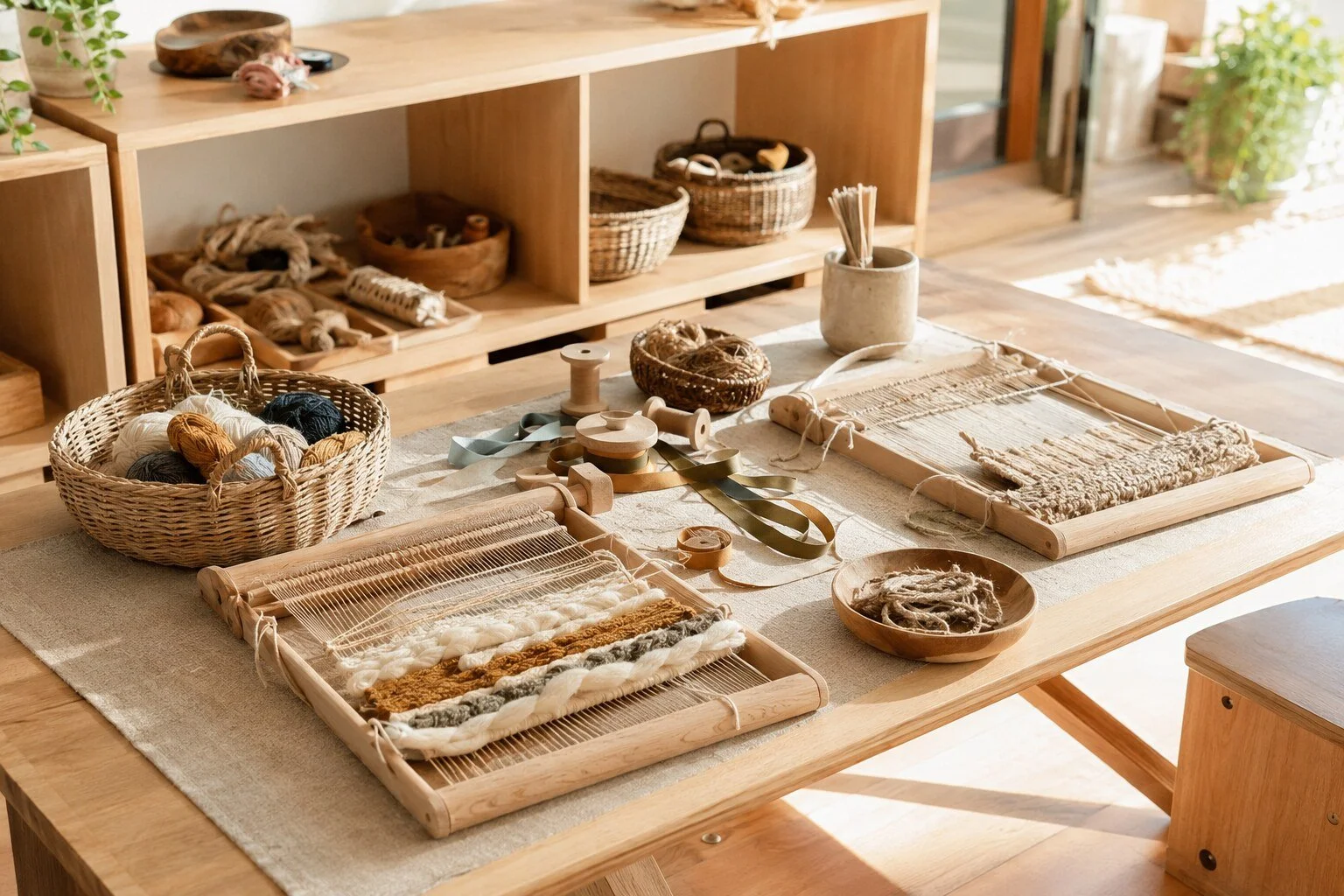 A craft or weaving workspace with yarn, baskets, small spools, a weaving loom, and various craft supplies on a wooden table in a well-lit room.