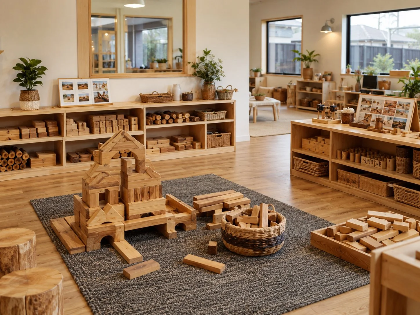 A spacious classroom with wooden furniture, shelves filled with wooden blocks, and a large central area with a wooden block structure on a rug. There are potted plants, windows, and photographs on display.