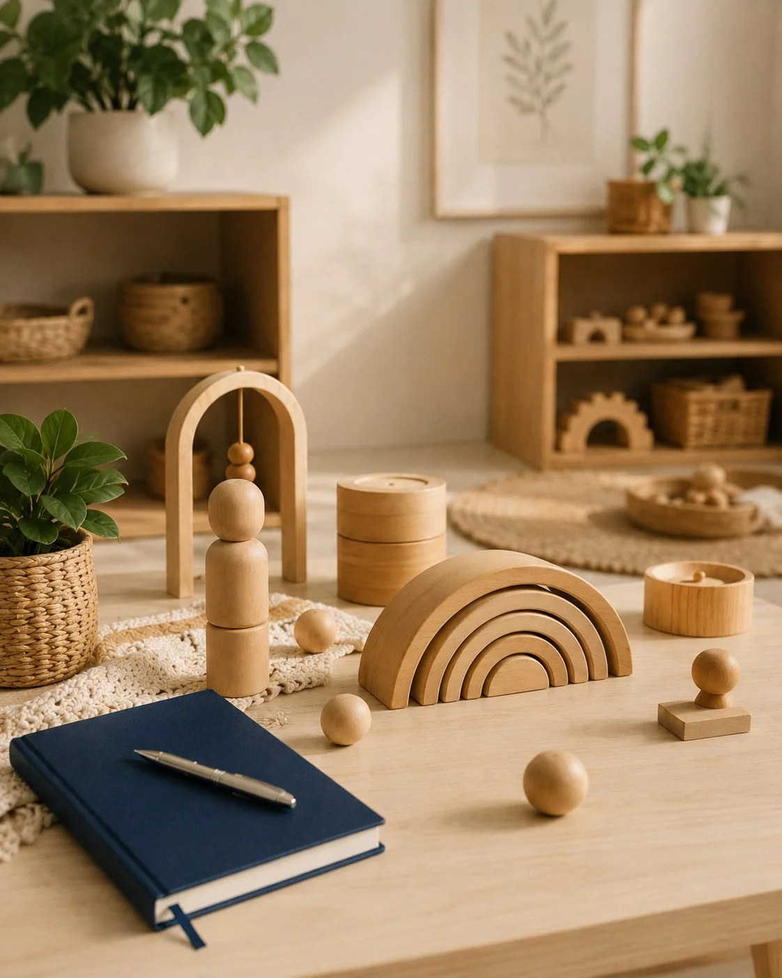Wooden toys and a notebook with a pen on a light wooden desk, with shelves of wooden baskets and green plants in the background.