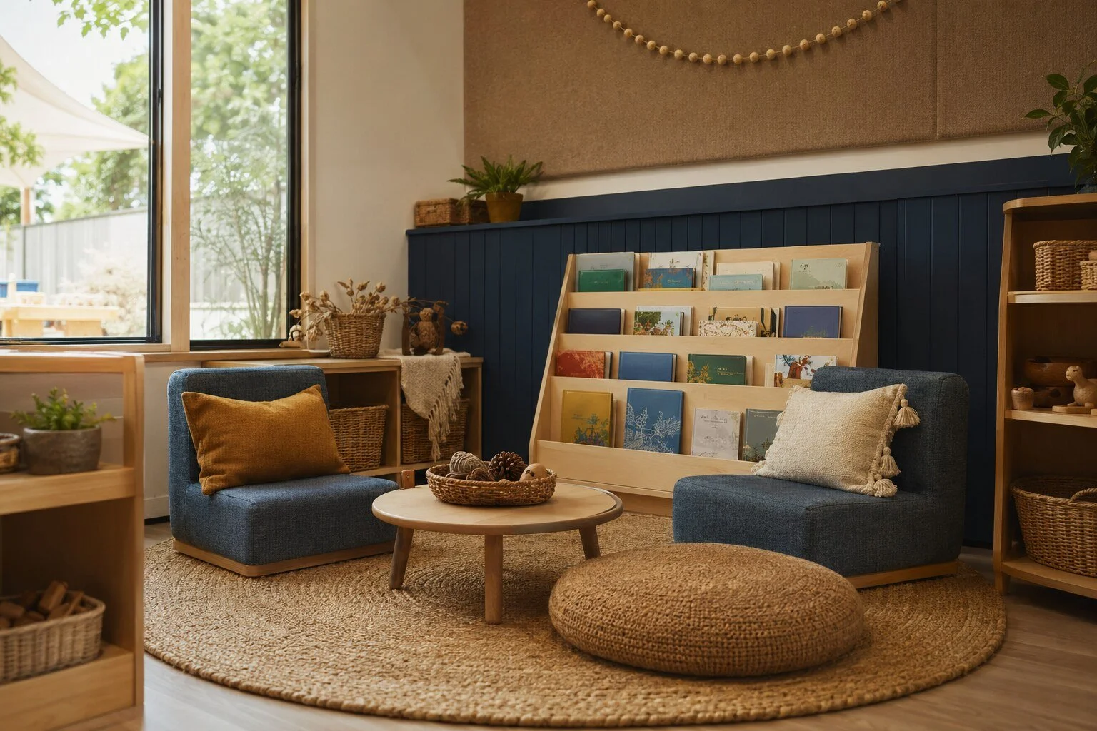 Cozy reading nook with two blue chairs, a round wooden table with a basket of yarn, and shelves with books and decorative items, illuminated by natural light from large windows.