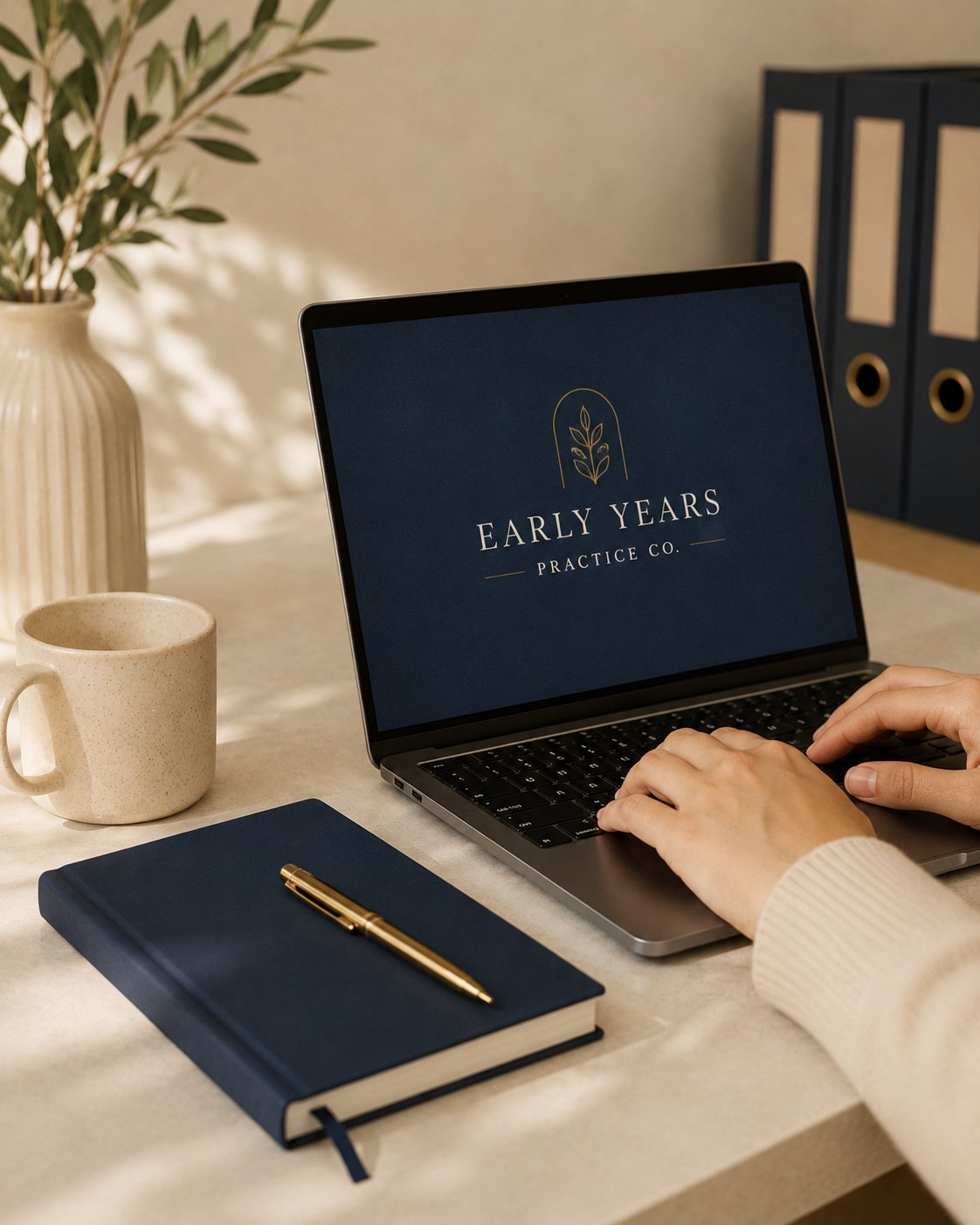 A person working on a laptop that displays the logo 'Early Years Practice Co.' on a dark blue background, surrounded by a notebook with a gold pen, a beige mug, a cream-colored vase with green leaves, and navy blue binders inside a well-lit office or workspace.