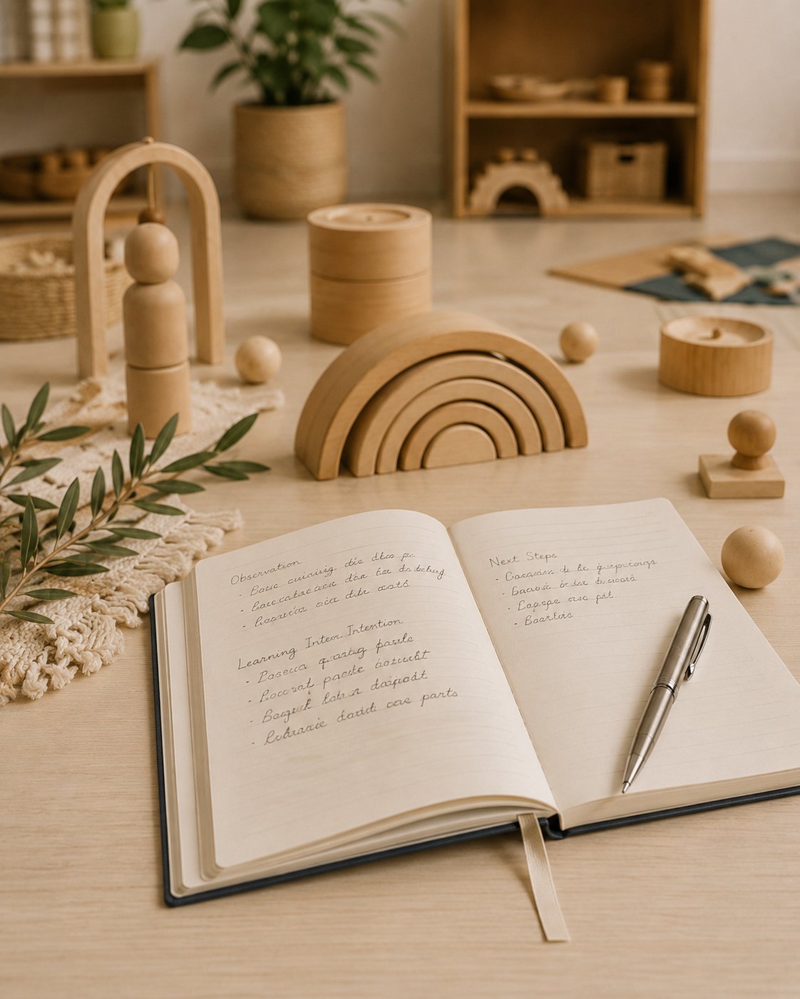 Open notebook with handwritten notes on a wooden desk, surrounded by wooden toys, a pen, and decorative plants in a cozy, minimalist room.