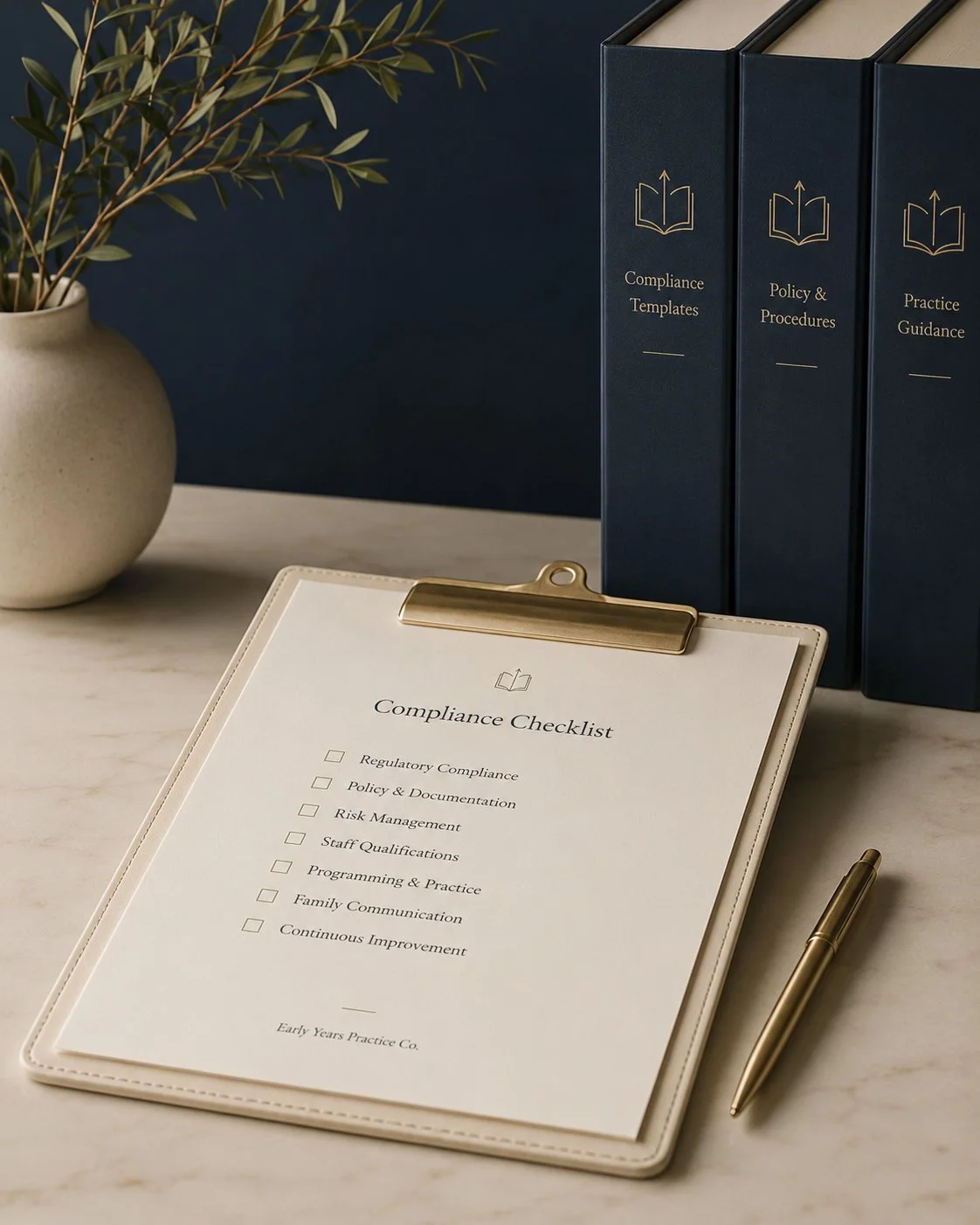 A compliance checklist on a clipboard with a pen beside it, three large binders labeled 'Compliance Templates,' 'Policy & Procedures,' and 'Practice Guidance,' and a beige vase with green foliage on a white marble desk.