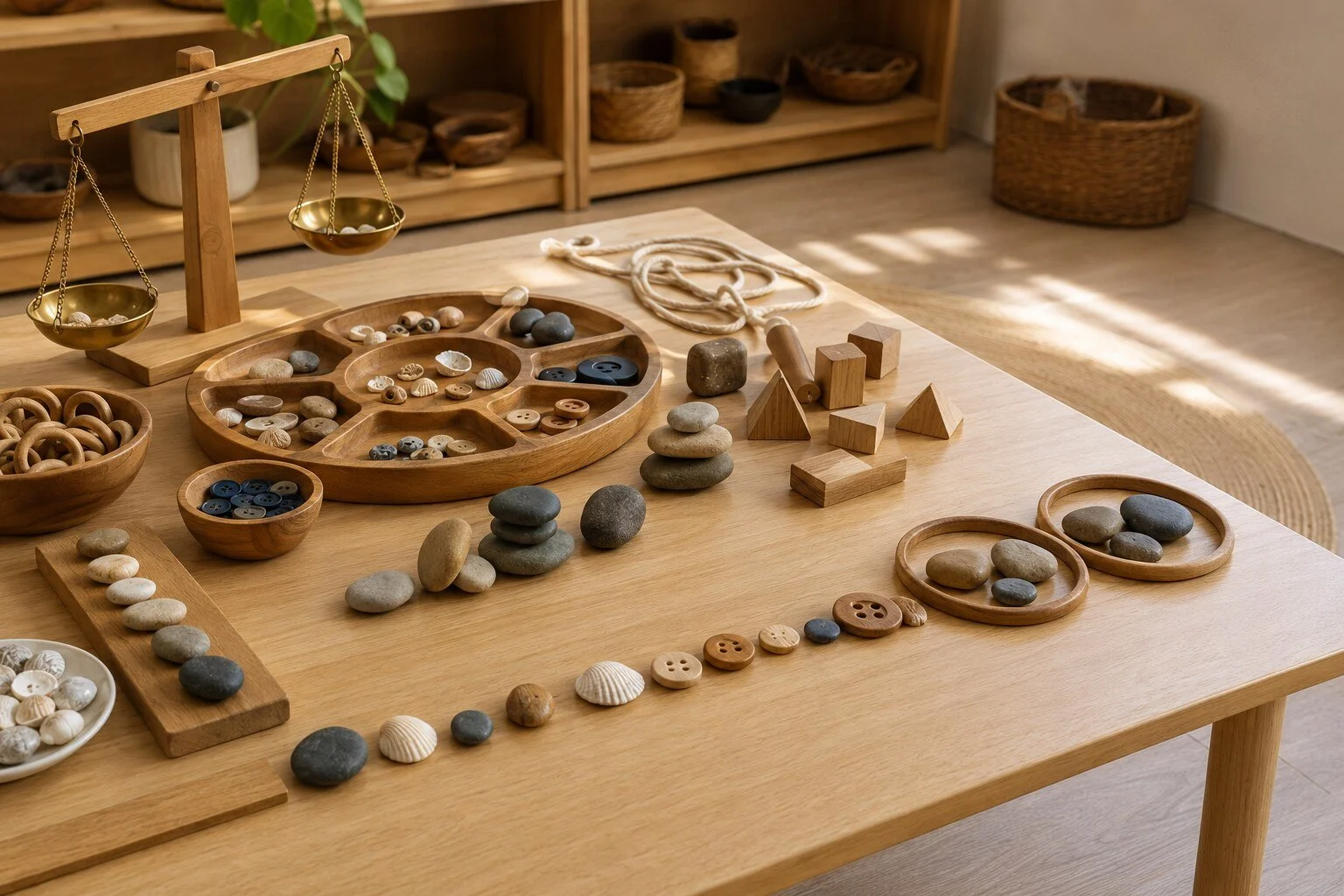 A wooden table with various natural stones, shells, buttons, wooden blocks, and bowls, along with a balance scale and rope, in a room with wooden shelving in the background.