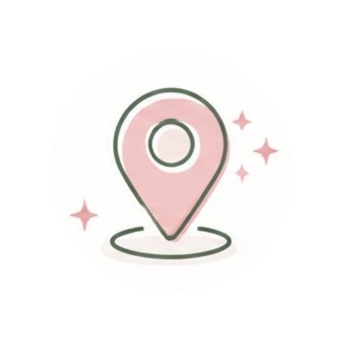 A pink location marker icon with a glowing effect and surrounding sparkles on a white background.
