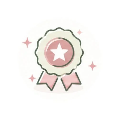A pink award ribbon with a star in the center and sparkles around it.