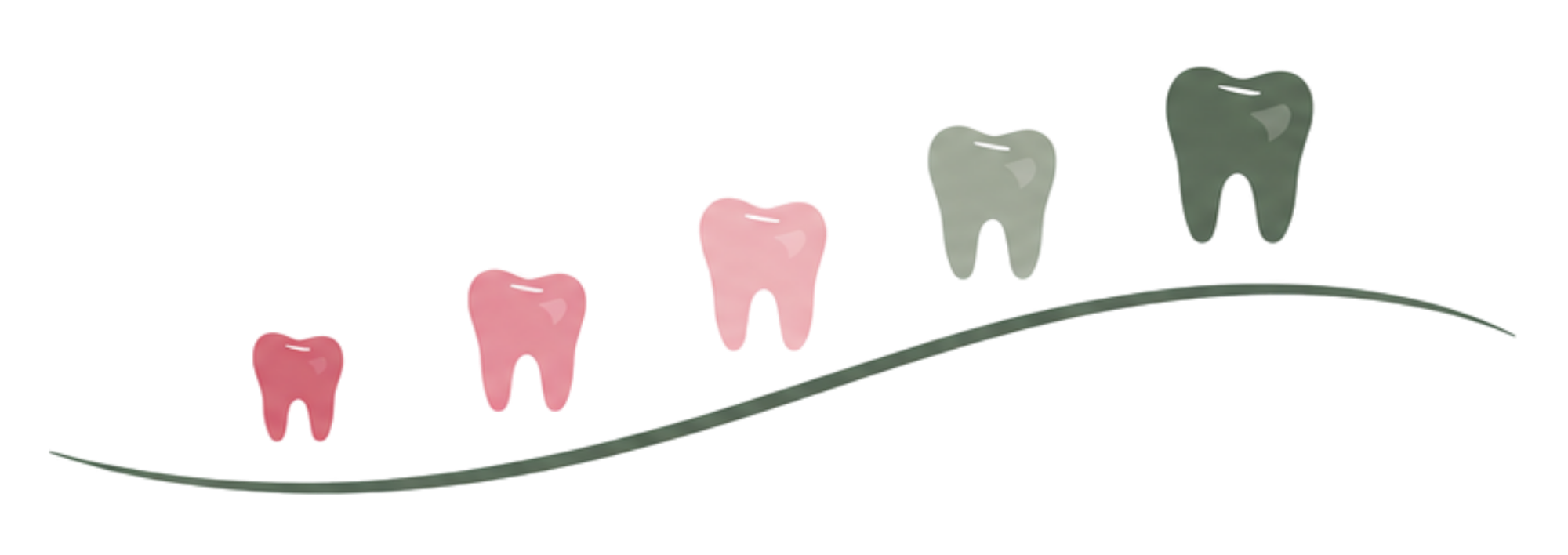 Cartoon illustration of teeth with varying shades from pink to gray along a curved line.
