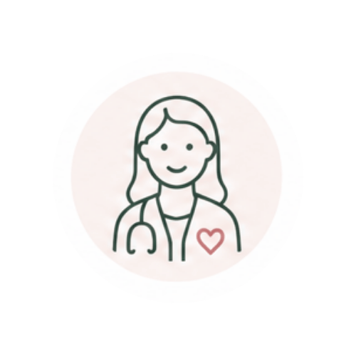 Illustration of a smiling female doctor with a stethoscope and a small red heart on her chest.