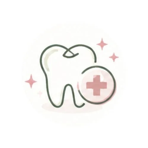 Cute illustration of a tooth with a stethoscope wrapped around it and a medical cross badge, surrounded by pink stars.