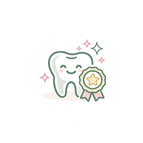 Cute smiling cartoon tooth holding a gold star award with sparkles around it