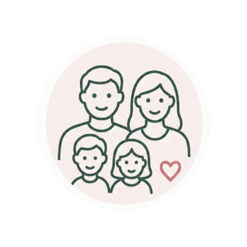 Line drawing of a smiling family of four with two adults and two children, along with a small heart symbol.