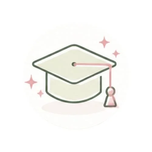 A simple illustration of a graduation cap with a tassel, surrounded by small pink stars.