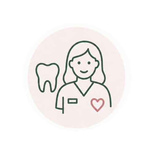 Illustration of a smiling female dentist with a tooth and a heart symbol.
