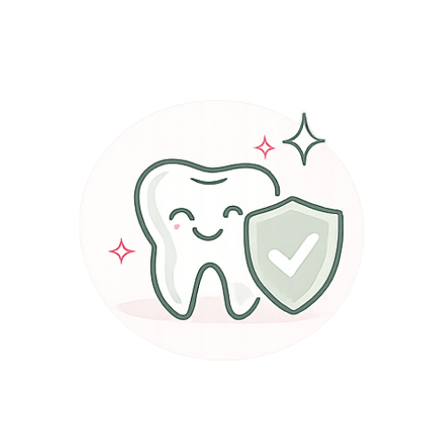Cute cartoon tooth holding a shield with a checkmark, surrounded by sparkles.
