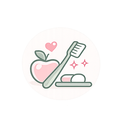 A pink apple with a green leaf and a pink heart above it, a toothbrush, a toothpaste tube, and two sparkles, all in a minimalistic, pastel-colored design.