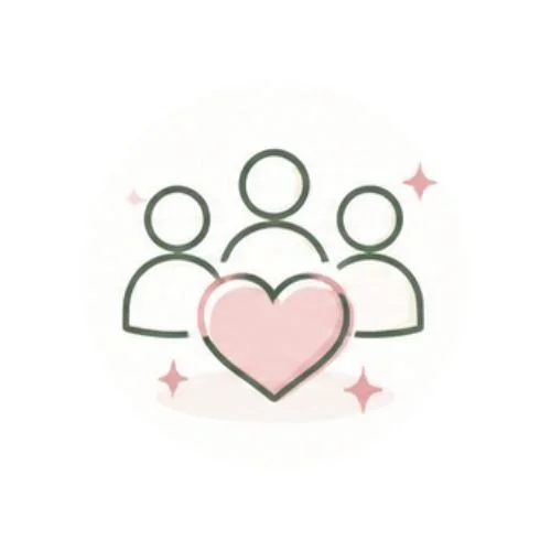 Three stylized human figures behind a pink heart with sparkles, indicating love or friendship.