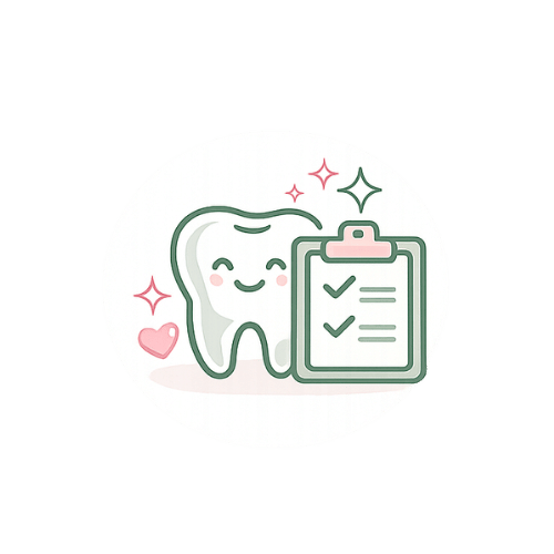 Cute illustration of a happy tooth with a smiling face, next to a clipboard with checkmarks, surrounded by sparkles and a small pink heart.