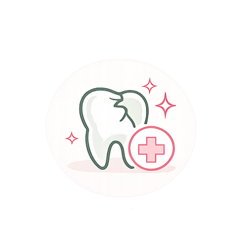 A cartoon illustration of a healthy tooth with sparkles around it and a red cross symbol, representing dental health or dental care.