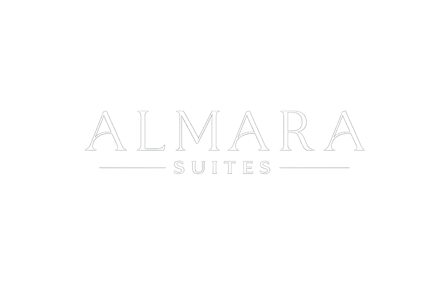 Neon sign with the text "Almara Suites" glowing white on a black background.