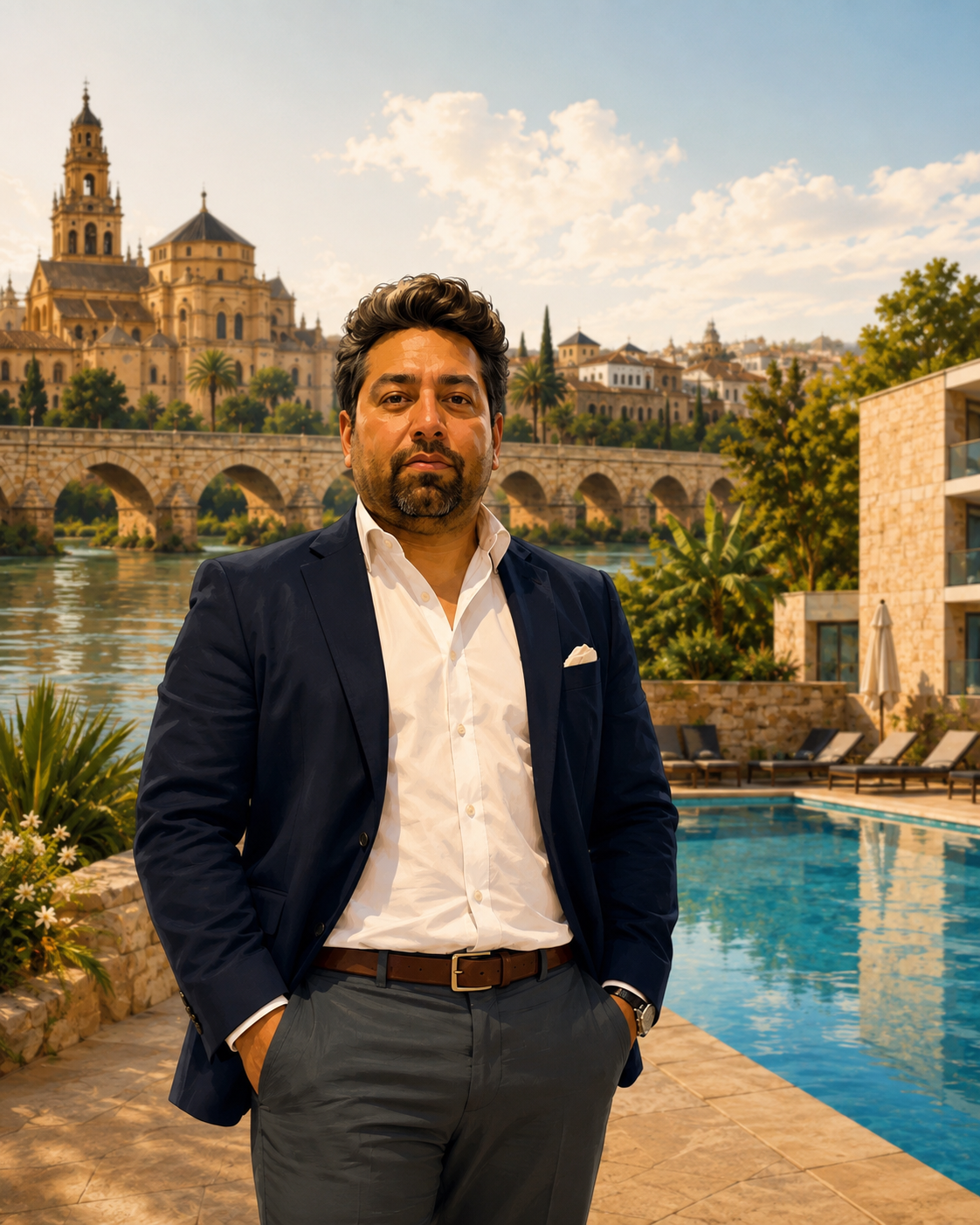 A man in a dark suit jacket and white shirt standing outdoors near a swimming pool, with a historic European cityscape including a bridge, river, and cathedral in the background.