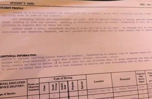 "Tests should be read to Andrew... dictation taken if essay questions are long..."