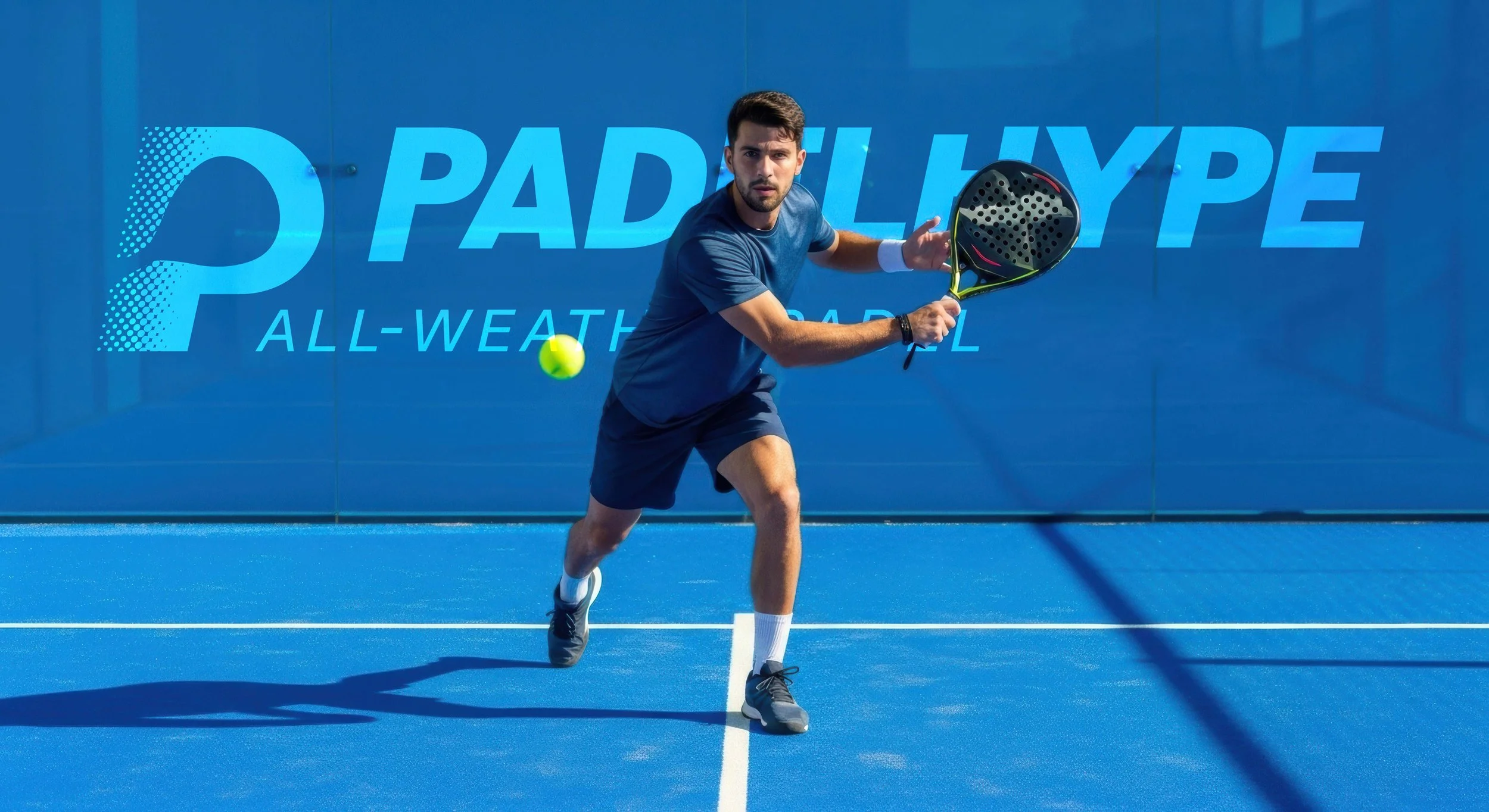Men playing pickleball on a blue court against a blue wall with the word PADLYME and all-weather surface