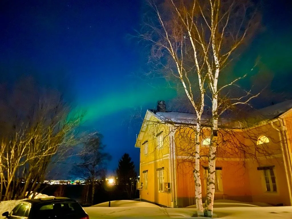 Aurora boreale sopra una casa di colore giallo con alberi nudi e neve sul terreno durante la notte.