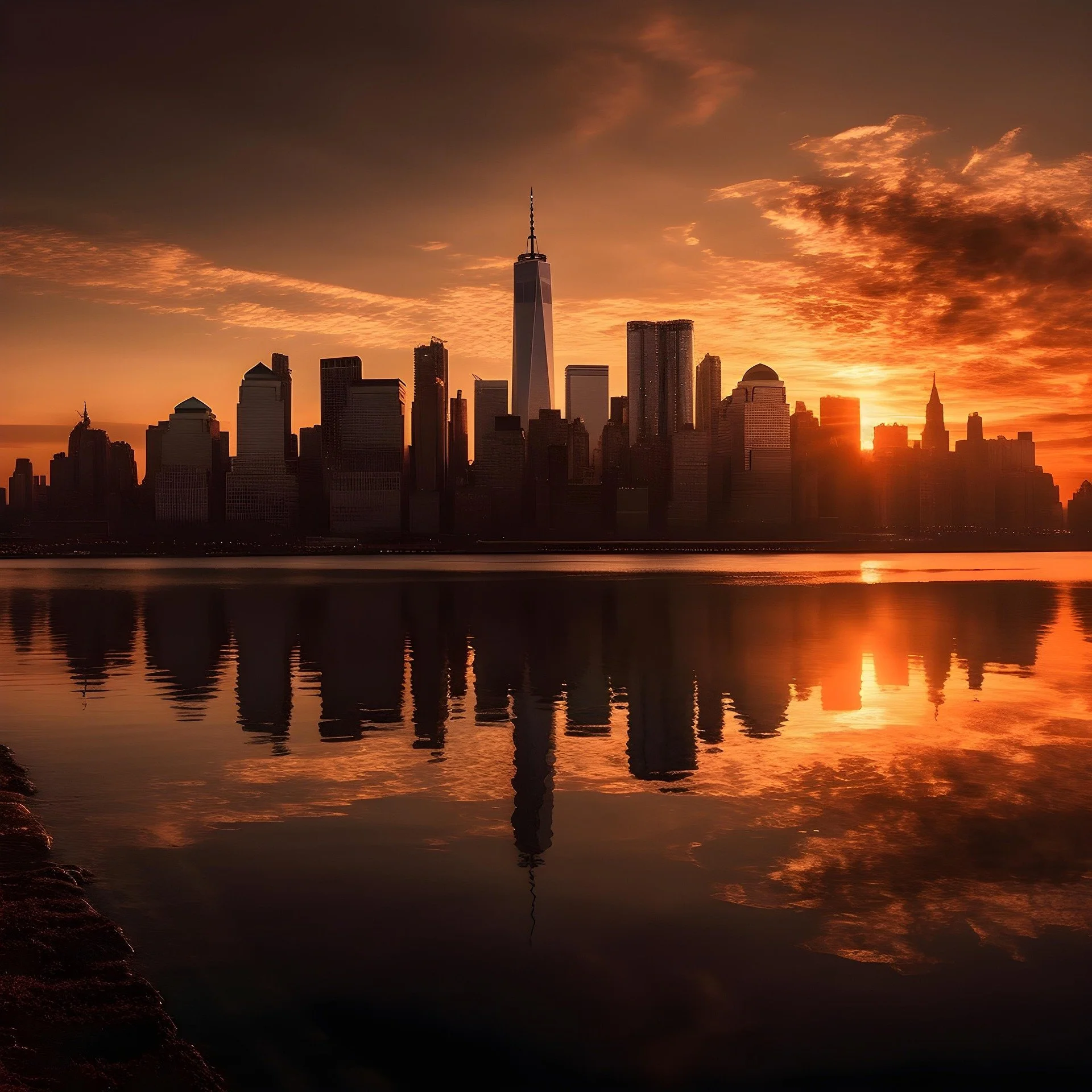 Scenografia urbana con skyline di New York e tramonto sul fiume Hudson, con nuvole colorate e riflessi sull'acqua.