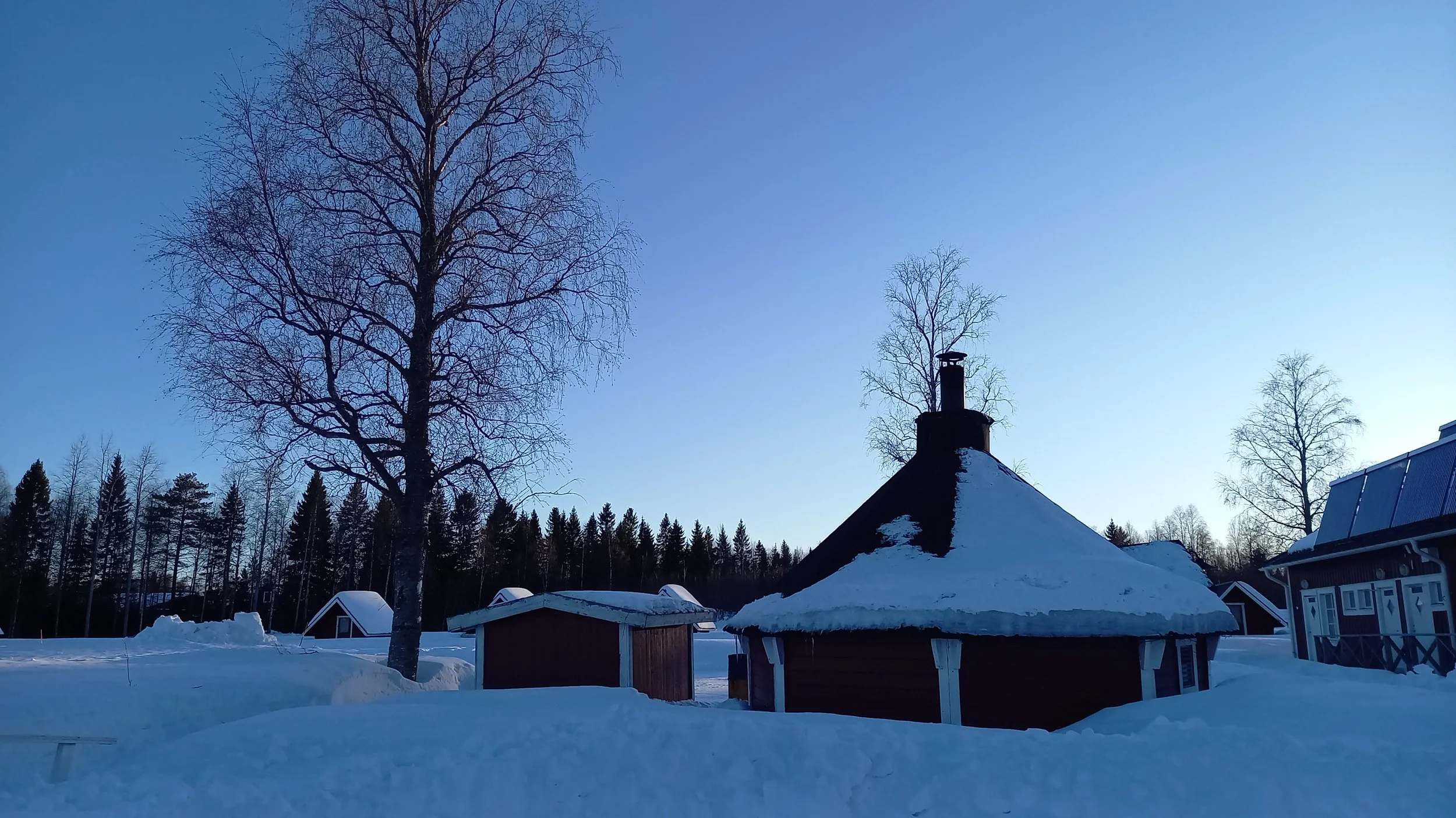 Paesaggio invernale con case di legno, tetti ricoperti di neve, alberi senza foglie e un cielo blu chiaro.