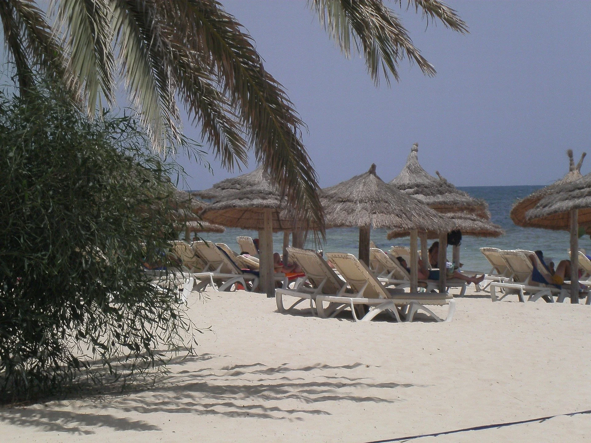 Spiaggia con ombrelloni di paglia, alcuni lettini e persone che si rilassano sotto il sole, al di là del mare.