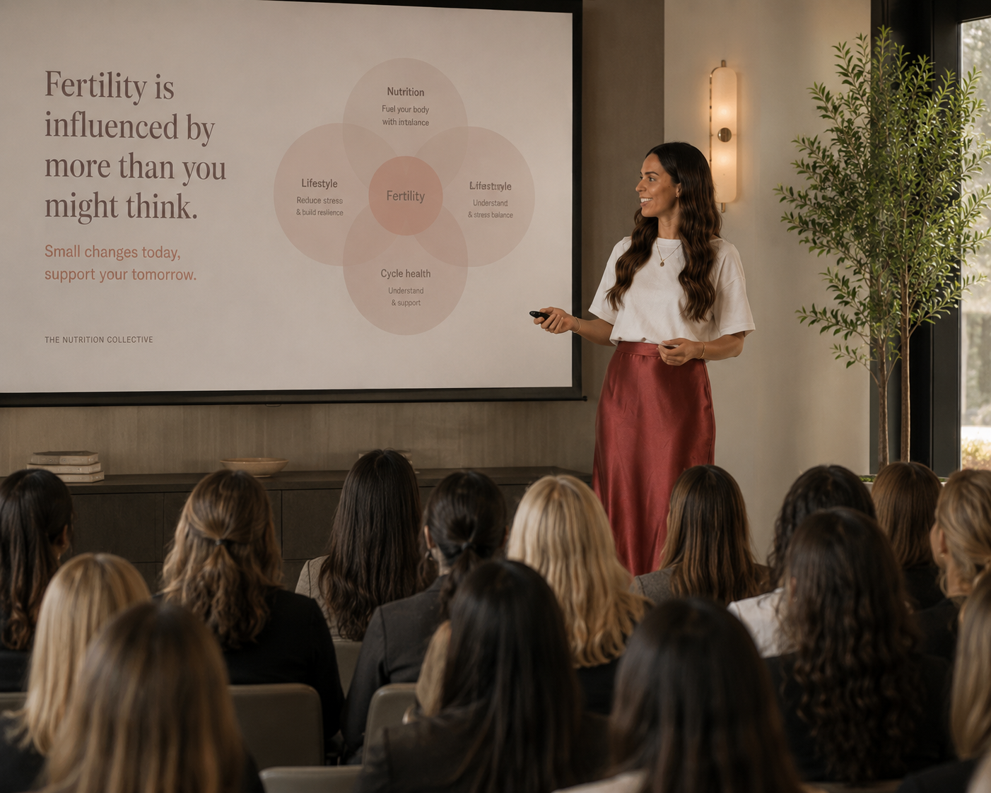 A woman giving a presentation to an audience in a conference room. She is standing to the right of a slide that discusses fertility and lifestyle factors.