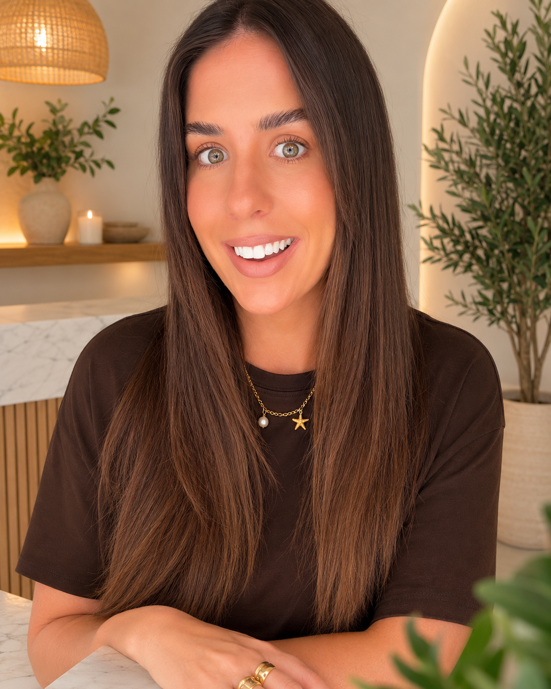 A woman with long brown hair, wearing a black shirt and star and pearl necklace, smiling at the camera in a cozy, well-lit room with a plant and candles.