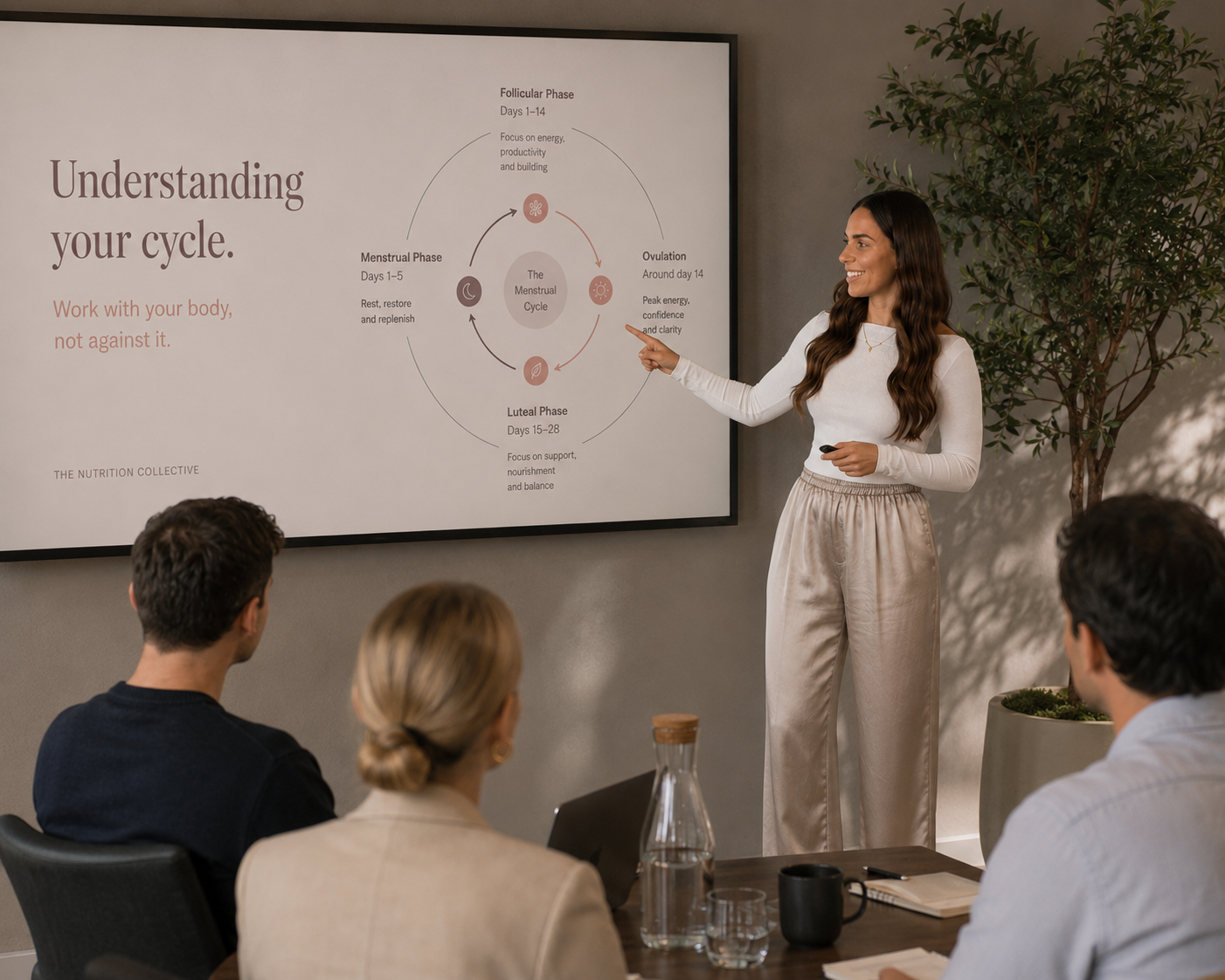 A woman giving a presentation on the menstrual cycle to three people seated at a table, with a large screen displaying information about the cycle stages and phases.