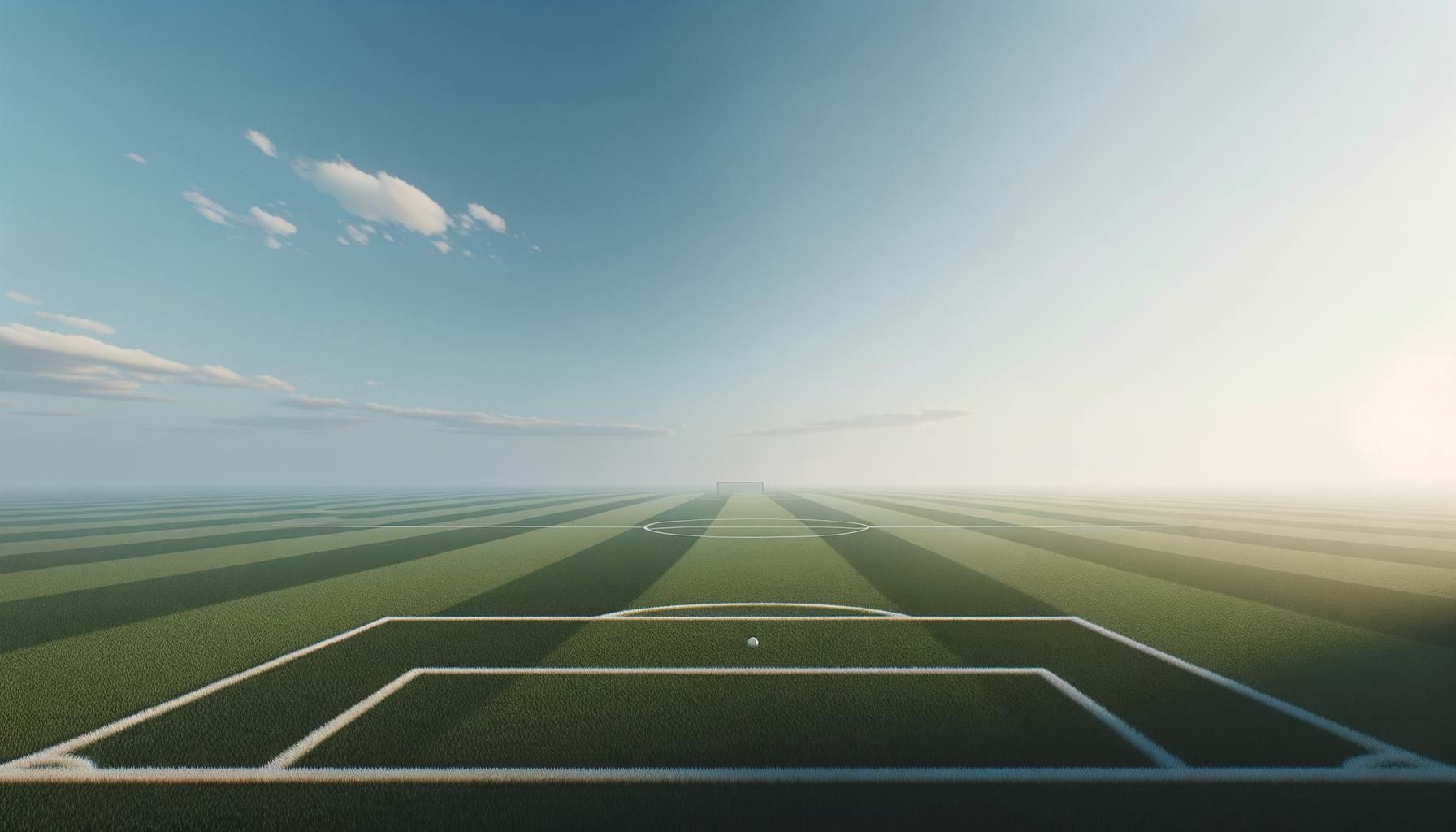 An aerial view of a large, empty soccer field under a blue sky with scattered clouds. The field has marked lines and goal areas visible in the foreground.