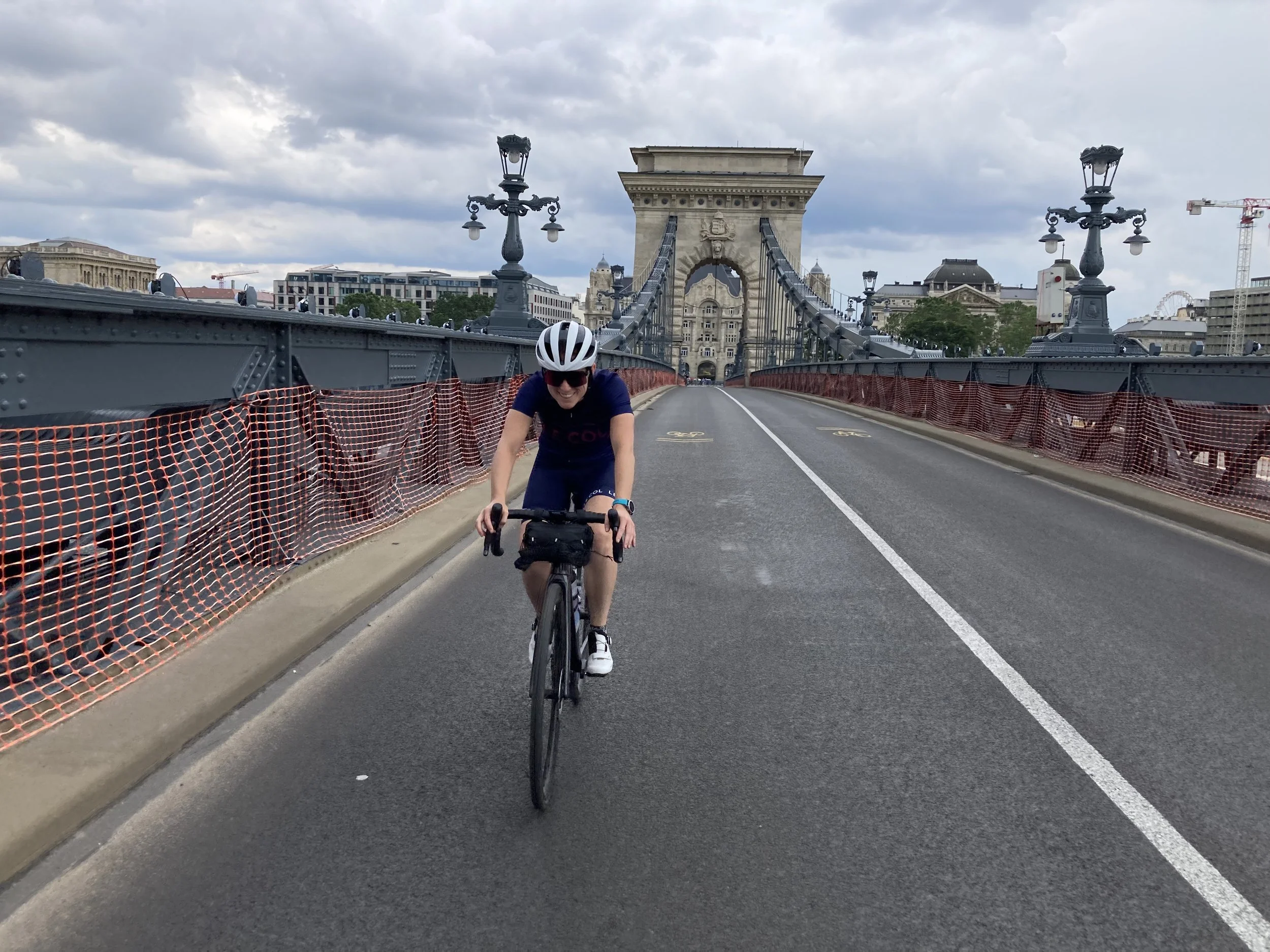 Cyclist on Chainbridge in Budapest, Hungary