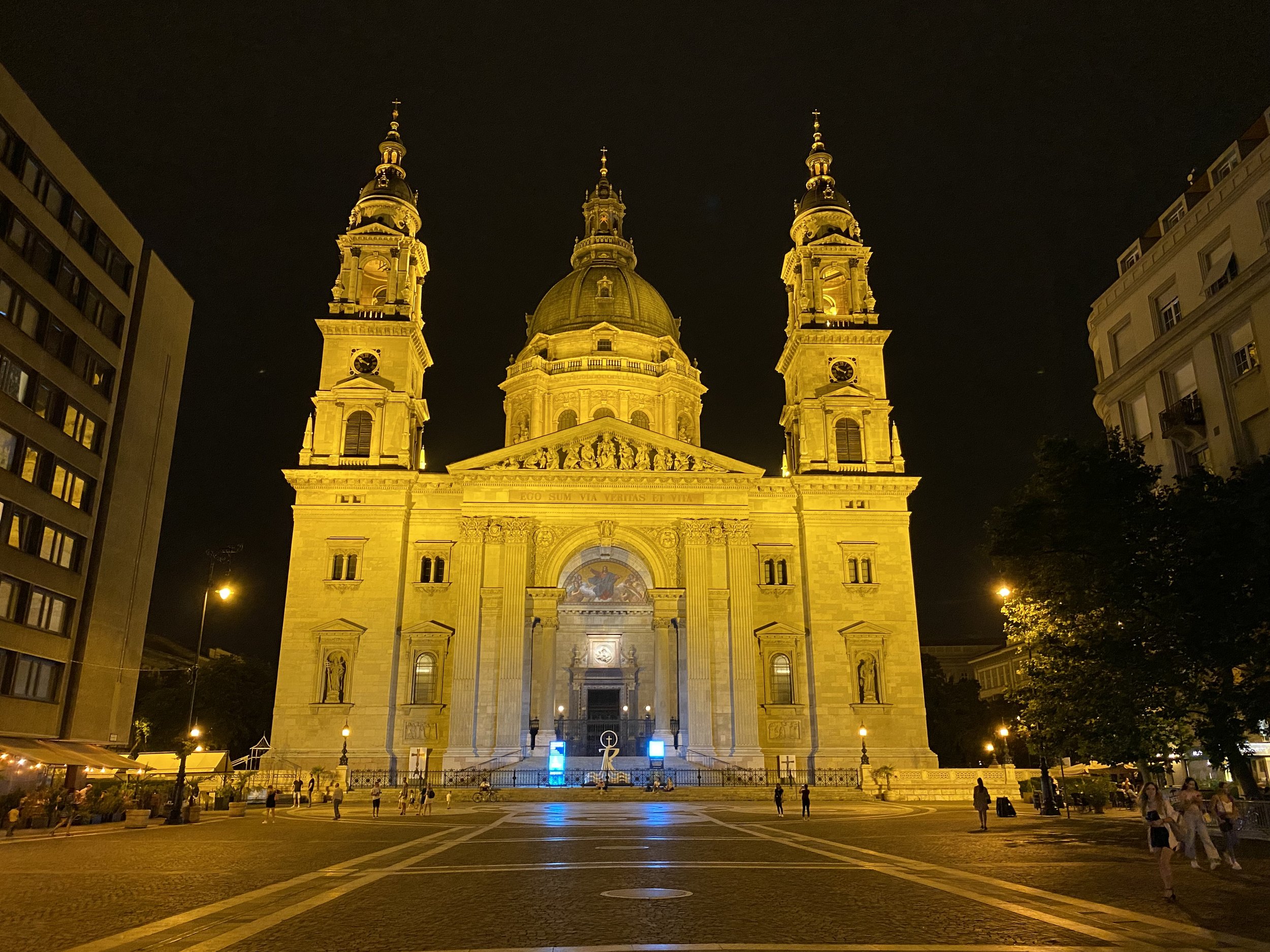 St. Stephen's Basilica lit up by night in Budapest, Hungary