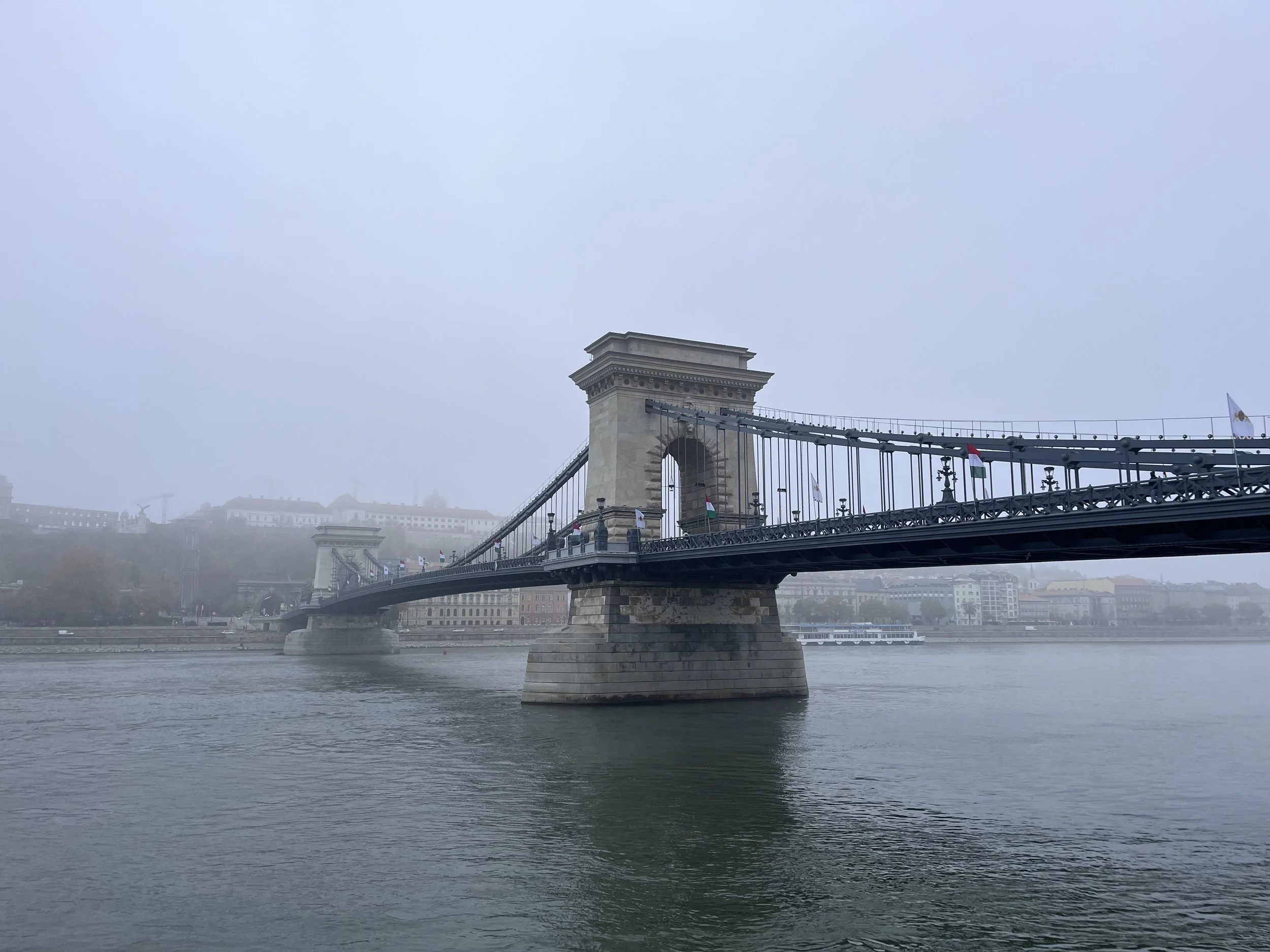 Chain Bridge over the Danube on a foggy day in Budapest, Hungary