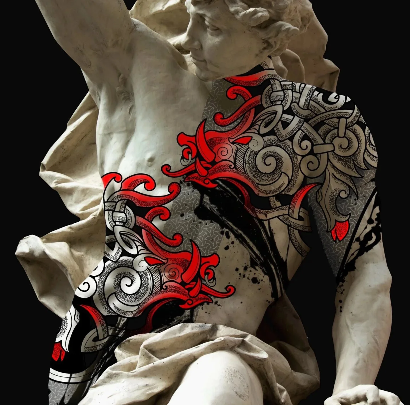 A classical white marble sculpture of a woman with detailed features, partially covered by a modern black, red, and white tattoo-style design that features intricate swirls, patterns, and splashes of black ink.