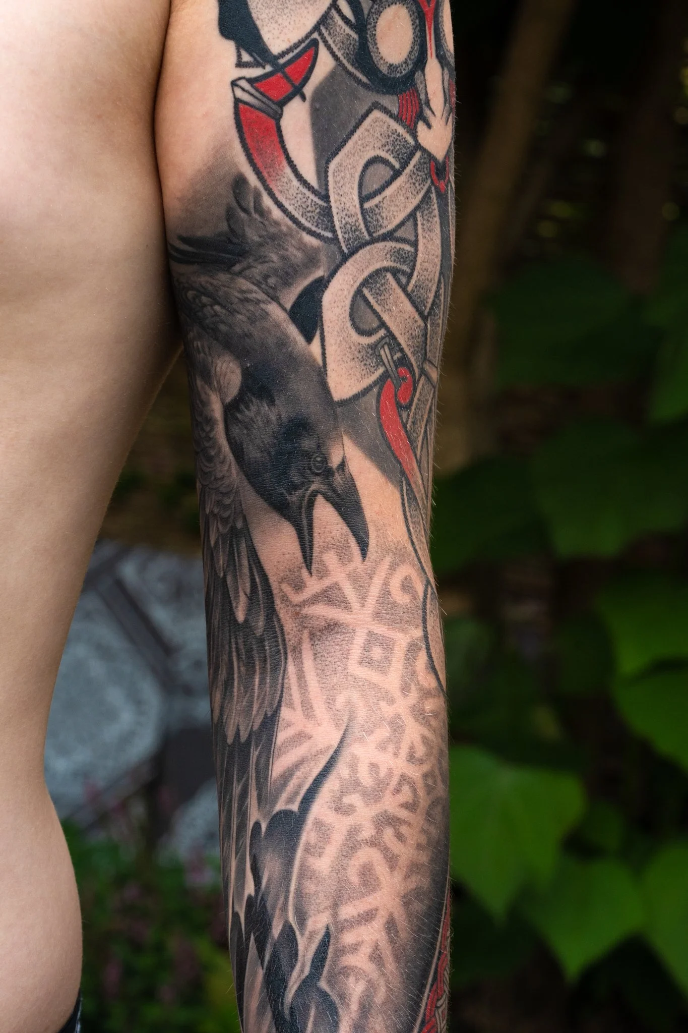 Close-up of a person's arm with tattoos featuring a bird and decorative patterns in black, gray, and red ink.