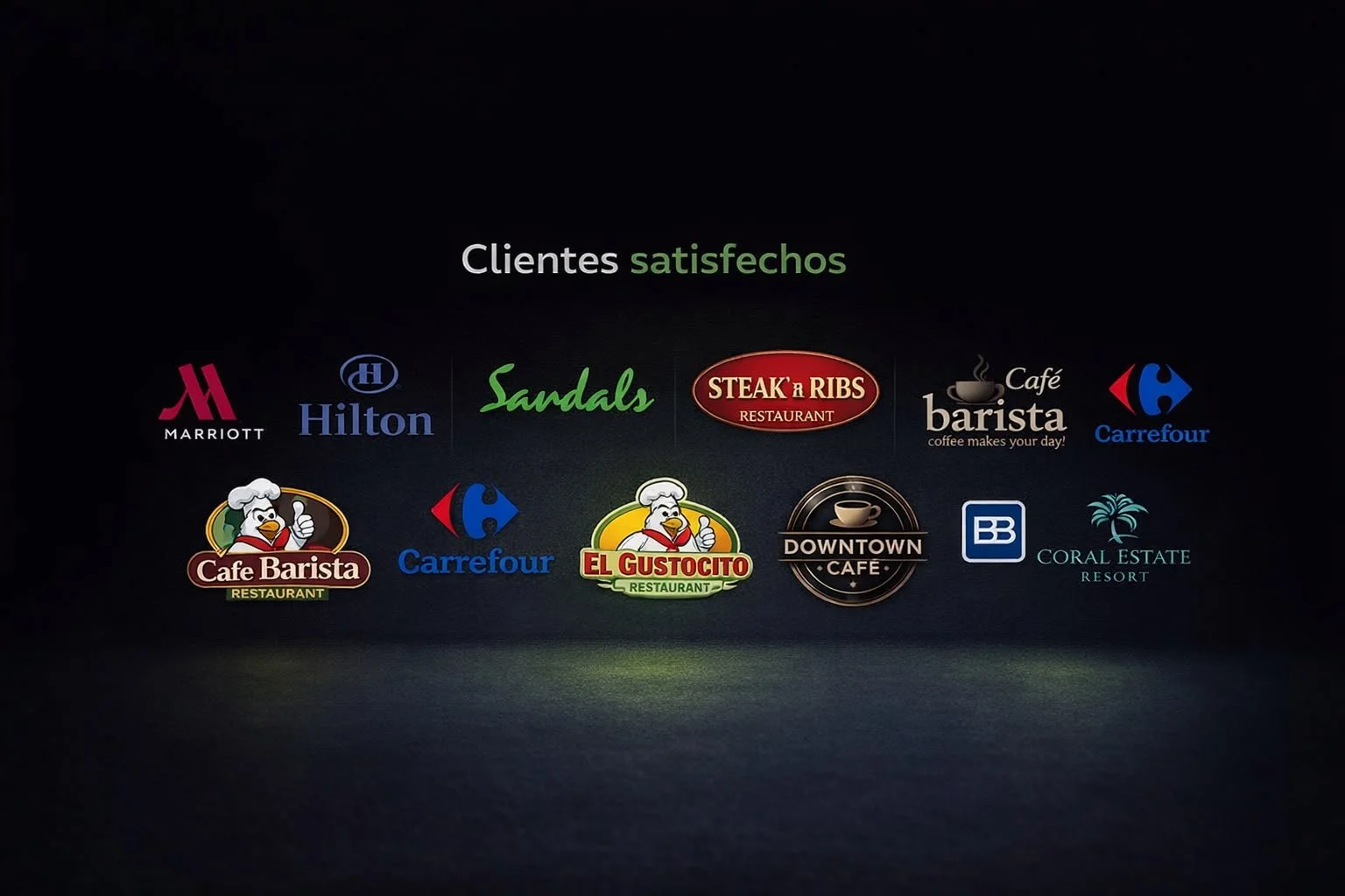 Pantalla con logotipos de diferentes hoteles, restaurantes y tiendas, y la frase 'Clientes satisfechos' en la parte superior.