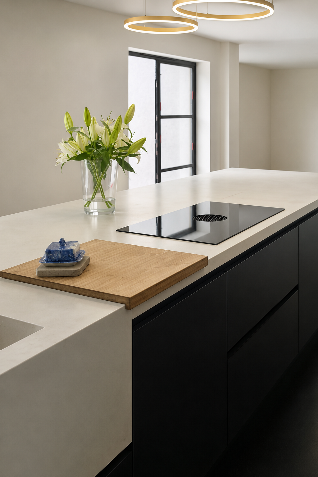 Modern kitchen with a vase of white lilies on a white countertop, black cabinets, a wooden cutting board with a blue decorative item, and a black stovetop, illuminated by circular ceiling lights and natural light from a window.