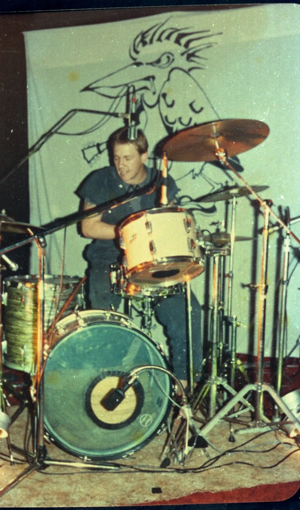 A young man playing drums on a stage, with a large artwork of a bird with a long beak and tattooed arm in the background.