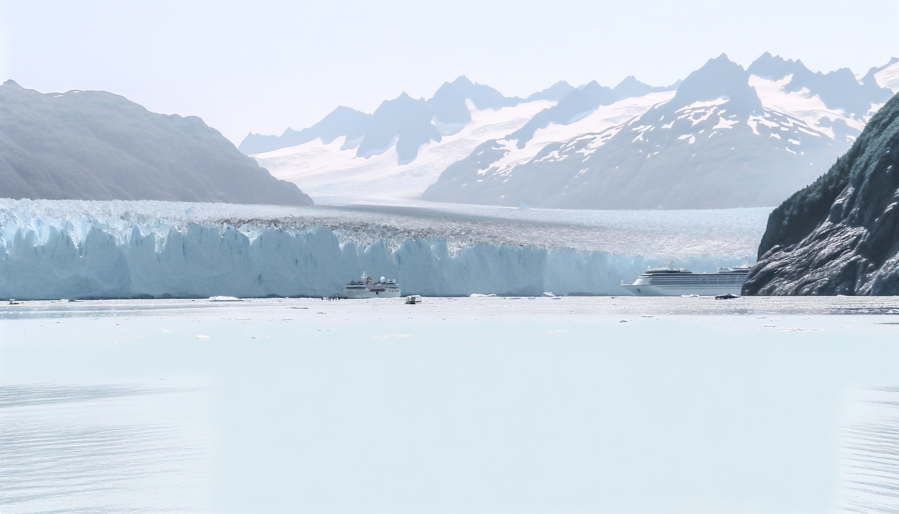 Iceberg floating in icy waters with cruise ships and snow-covered mountains in the background.